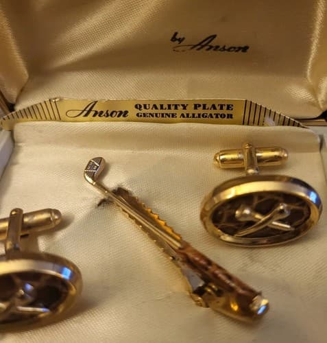 Vintage Mens Anson Cufflink Tie Clip Set Genuine Alligator w/Original Box 1950s - Thumbnail 9