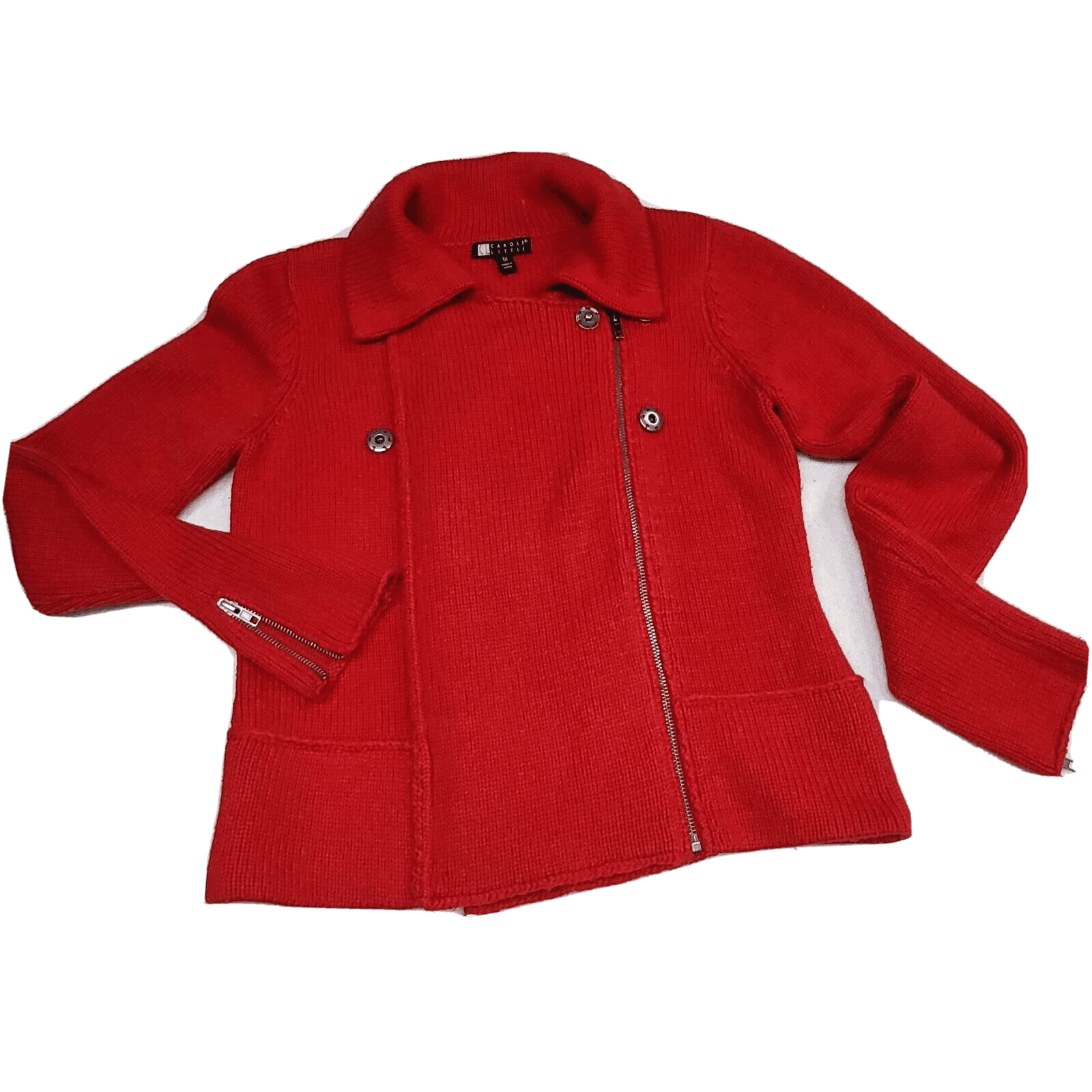 Carole Little Womens Sweater Jacket Red M Wool Blend Heavy Knit Zippers Snaps - Image 1