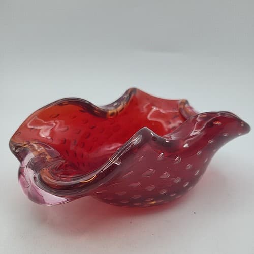 Vintage Hand Blown Dish Ashtray Cigar Art Glass Thick Bullicante Curvy Heavy - Thumbnail 3