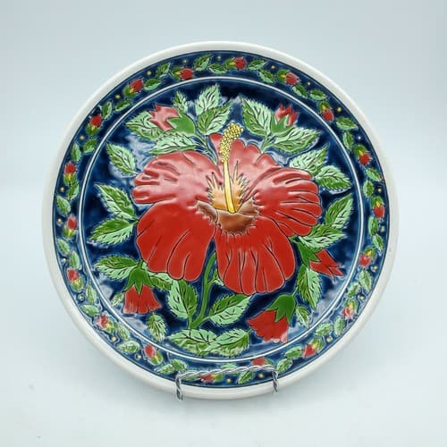 Kepameikos Greek Red Hibiscus Plate Hand-Made by Lindos-Keramik - Thumbnail 2