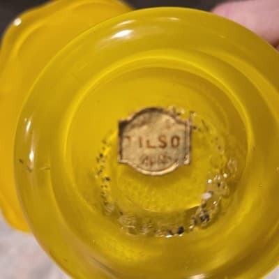 Tilso Handblown Glass Basket Bright Yellow White Interior Clear Applied Handle - Thumbnail 6