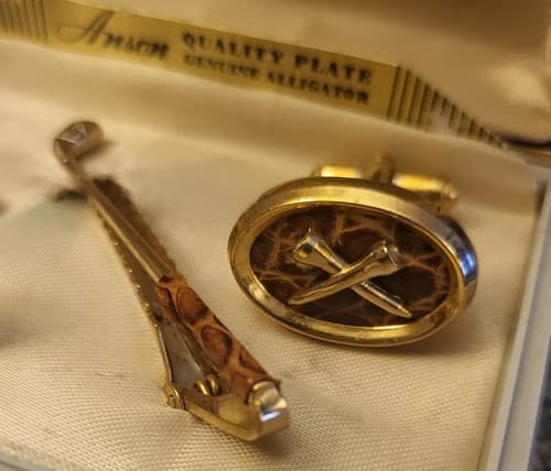Vintage Mens Anson Cufflink Tie Clip Set Genuine Alligator w/Original Box 1950s - Thumbnail 3