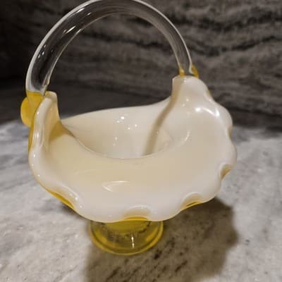 Tilso Handblown Glass Basket Bright Yellow White Interior Clear Applied Handle - Thumbnail 4