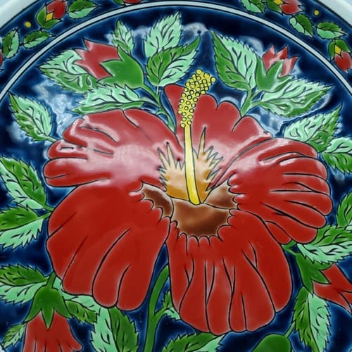 Kepameikos Greek Red Hibiscus Plate Hand-Made by Lindos-Keramik - Thumbnail 3