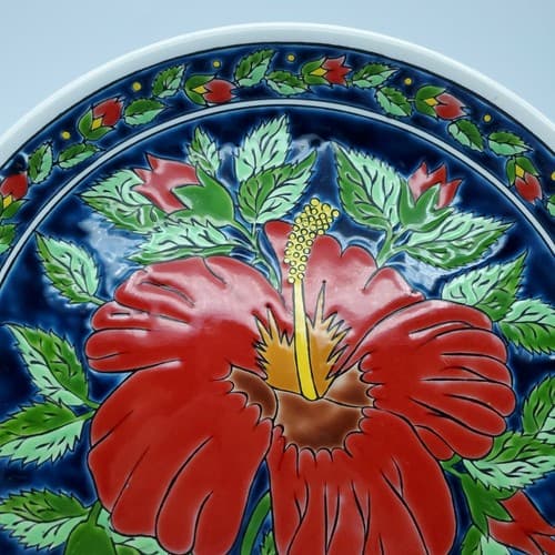 Kepameikos Greek Red Hibiscus Plate Hand-Made by Lindos-Keramik - Thumbnail 4