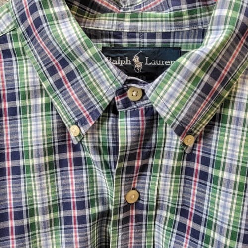 Ralph Lauren Mens Shirt Blue Green Check XL Cotton Classic Green Little Pony - Thumbnail 2
