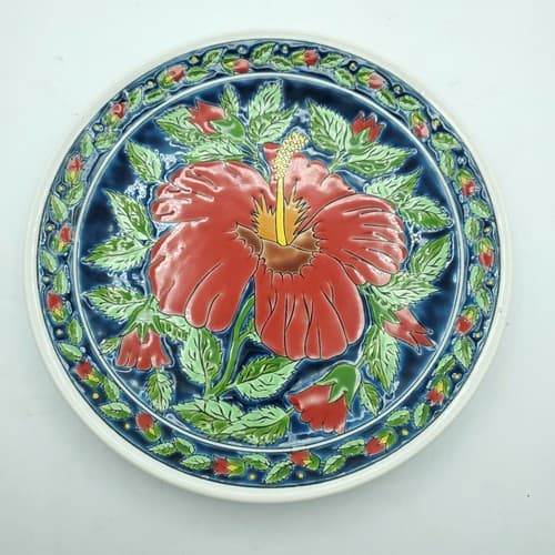Kepameikos Greek Red Hibiscus Plate Hand-Made by Lindos-Keramik - Thumbnail 5