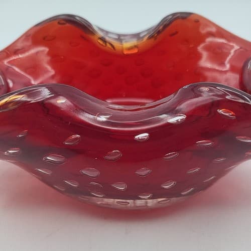 Vintage Hand Blown Dish Ashtray Cigar Art Glass Thick Bullicante Curvy Heavy - Thumbnail 9