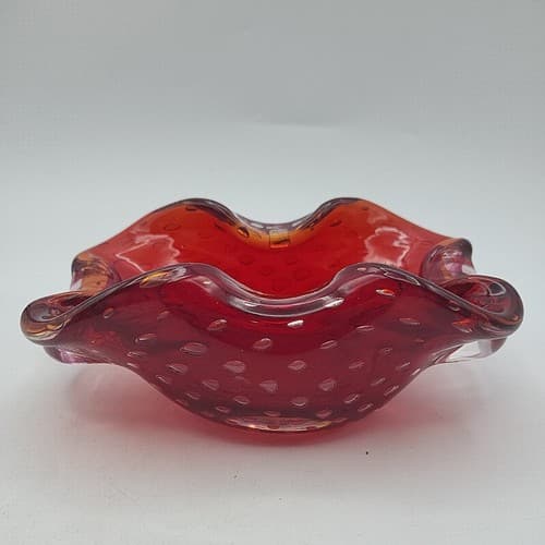 Vintage Hand Blown Dish Ashtray Cigar Art Glass Thick Bullicante Curvy Heavy - Thumbnail 4