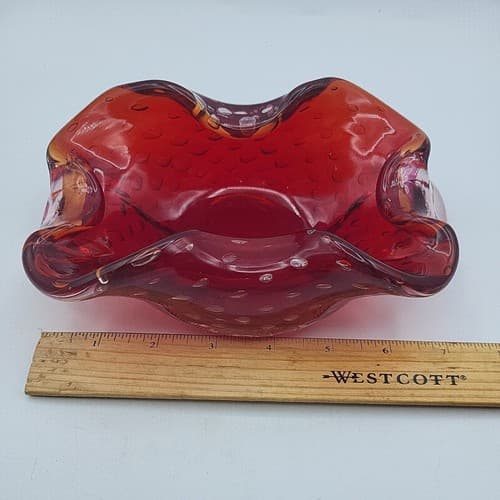 Vintage Hand Blown Dish Ashtray Cigar Art Glass Thick Bullicante Curvy Heavy - Thumbnail 10