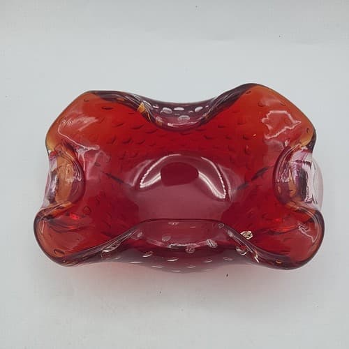 Vintage Hand Blown Dish Ashtray Cigar Art Glass Thick Bullicante Curvy Heavy - Thumbnail 5
