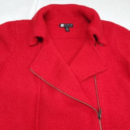Carole Little Womens Sweater Jacket Red M Wool Blend Heavy Knit Zippers Snaps - Thumbnail 5