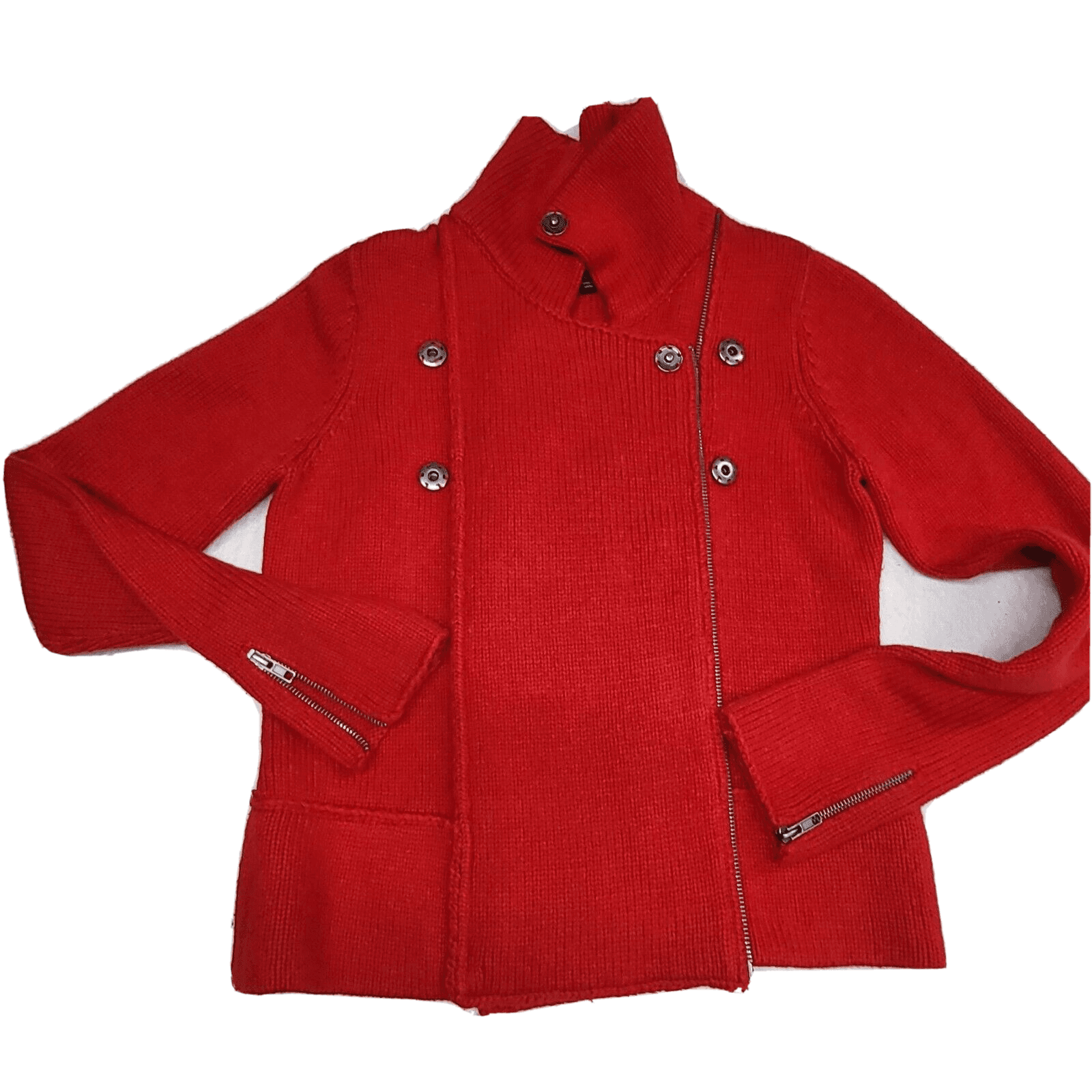Carole Little Womens Sweater Jacket Red M Wool Blend Heavy Knit Zippers Snaps - Thumbnail 2