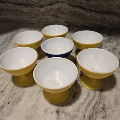 Vintage Hazel Atlas Lot 7 Moderntone Sherbert Cups Berry Dishes Yellow Blue - Thumbnail 4