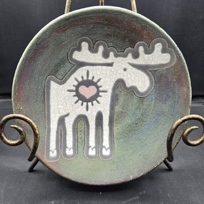 Jeremy Diller Raku Earth & Fire Pottery Moose Heart Sun Plate Signed Whimsical - Image 1