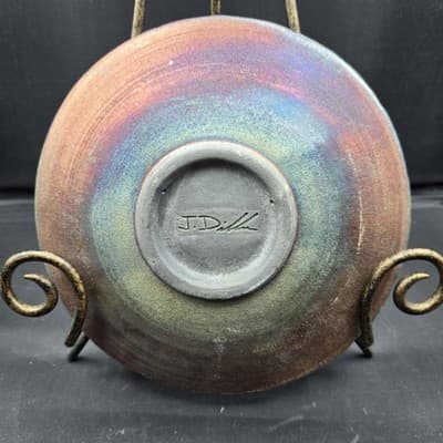 Jeremy Diller Raku Earth & Fire Pottery Moose Heart Sun Plate Signed Whimsical - Thumbnail 3