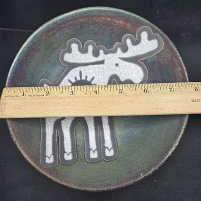 Jeremy Diller Raku Earth & Fire Pottery Moose Heart Sun Plate Signed Whimsical - Thumbnail 9