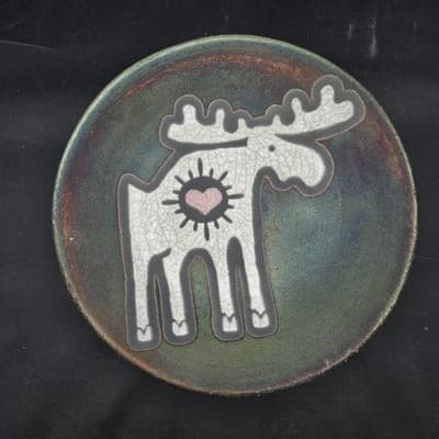 Jeremy Diller Raku Earth & Fire Pottery Moose Heart Sun Plate Signed Whimsical - Thumbnail 5