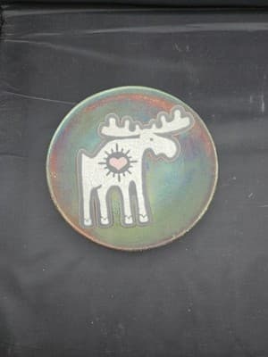 Jeremy Diller Raku Earth & Fire Pottery Moose Heart Sun Plate Signed Whimsical - Thumbnail 8