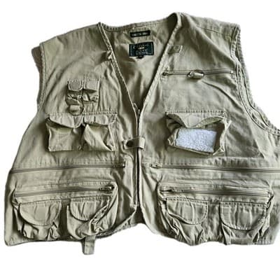 CRYSTAL RIVER Mens Fishing Vest 2XL Deluxe Khaki 27 Pockets Zippers Fly Cotton - Image 1