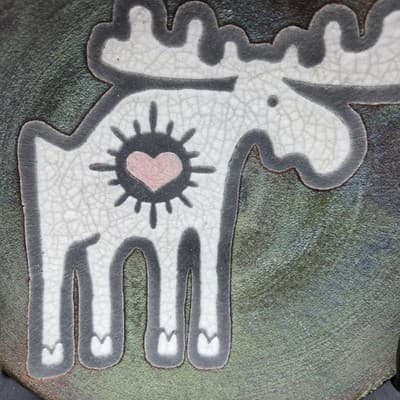 Jeremy Diller Raku Earth & Fire Pottery Moose Heart Sun Plate Signed Whimsical - Thumbnail 2