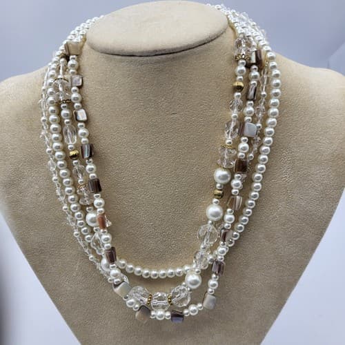 Premier Designs Necklace Multi-Strand Layered White Pearl Crystal Beads 18in - Image 1