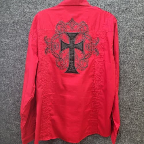 Montero Jeans Mens Shirt Red 3XL Embroidered Iron Cross Cotton Epaulets Paisley - Image 1