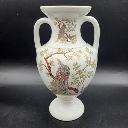Kinoys Greek Vase Urn Hand Made White 24k Gold Accent Peacocks - Image 1