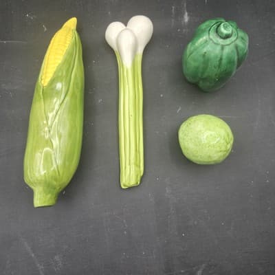 Vtg Realistic Fruit Full Sz Ceramic Set of 4 Corn Asparagus Pepper Lime EUC - Image 1