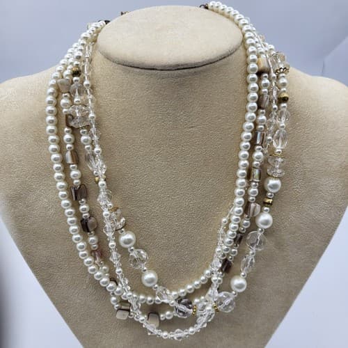 Premier Designs Necklace Multi-Strand Layered White Pearl Crystal Beads 18in - Thumbnail 2