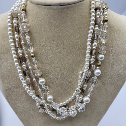 Premier Designs Necklace Multi-Strand Layered White Pearl Crystal Beads 18in - Thumbnail 3