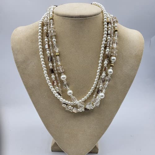 Premier Designs Necklace Multi-Strand Layered White Pearl Crystal Beads 18in - Thumbnail 5