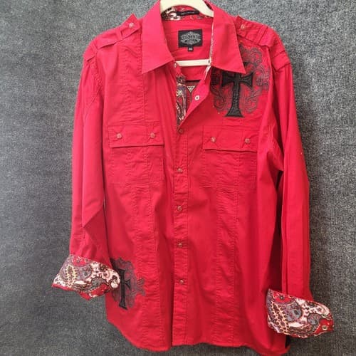 Montero Jeans Mens Shirt Red 3XL Embroidered Iron Cross Cotton Epaulets Paisley - Thumbnail 4