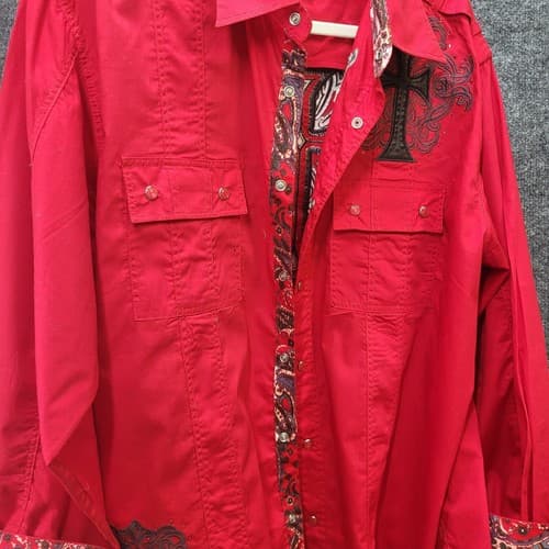Montero Jeans Mens Shirt Red 3XL Embroidered Iron Cross Cotton Epaulets Paisley - Thumbnail 13