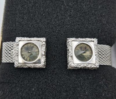 VTG Silvertone Mesh Wrap Cufflinks Square Rhinestone Centers Dressy Freeform - Thumbnail 2