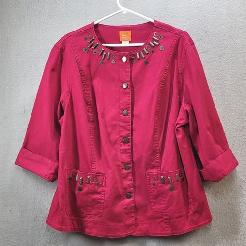 Hearts of Palm Womens Jacket Top Blouse 3X Deep Red Swing Steel Embellishments - Image 1