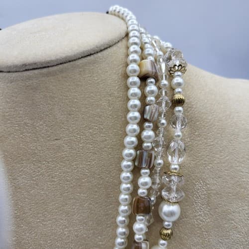 Premier Designs Necklace Multi-Strand Layered White Pearl Crystal Beads 18in - Thumbnail 4