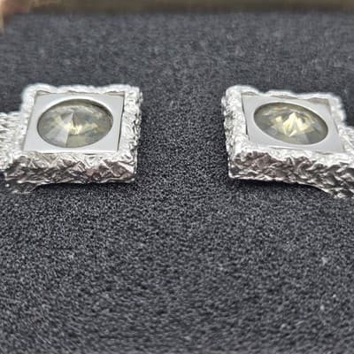 VTG Silvertone Mesh Wrap Cufflinks Square Rhinestone Centers Dressy Freeform - Thumbnail 4