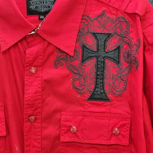 Montero Jeans Mens Shirt Red 3XL Embroidered Iron Cross Cotton Epaulets Paisley - Thumbnail 5