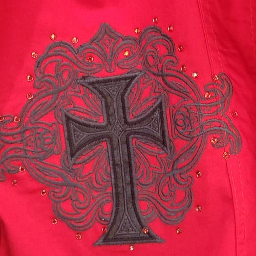 Montero Jeans Mens Shirt Red 3XL Embroidered Iron Cross Cotton Epaulets Paisley - Thumbnail 6