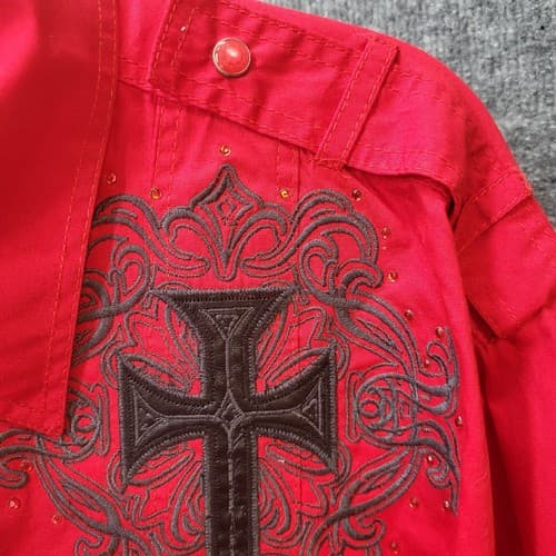Montero Jeans Mens Shirt Red 3XL Embroidered Iron Cross Cotton Epaulets Paisley - Thumbnail 16