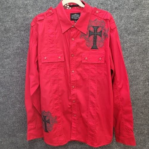 Montero Jeans Mens Shirt Red 3XL Embroidered Iron Cross Cotton Epaulets Paisley - Thumbnail 2