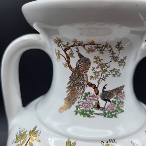 Kinoys Greek Vase Urn Hand Made White 24k Gold Accent Peacocks - Thumbnail 8