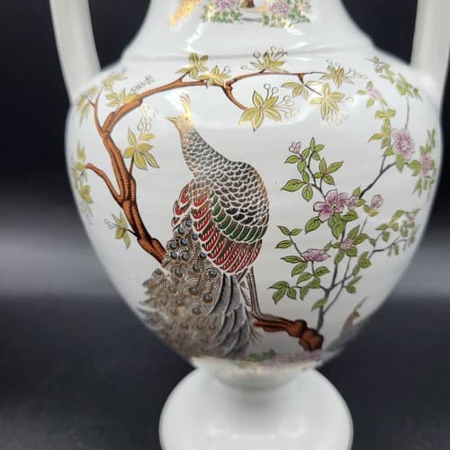 Kinoys Greek Vase Urn Hand Made White 24k Gold Accent Peacocks - Thumbnail 2