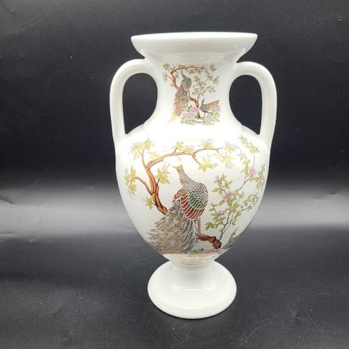 Kinoys Greek Vase Urn Hand Made White 24k Gold Accent Peacocks - Thumbnail 4