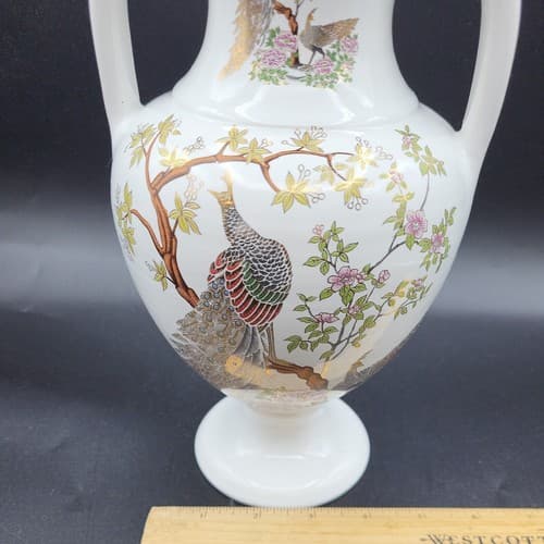 Kinoys Greek Vase Urn Hand Made White 24k Gold Accent Peacocks - Thumbnail 11