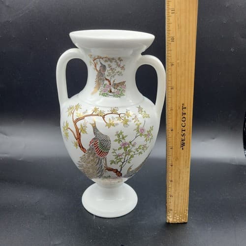 Kinoys Greek Vase Urn Hand Made White 24k Gold Accent Peacocks - Thumbnail 10