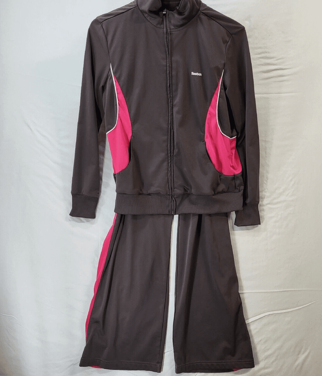 Reebok Womens 2PC Track Suit Brown Pink XL Polyester Jacket & Pants Knit Cuffs - Image 1