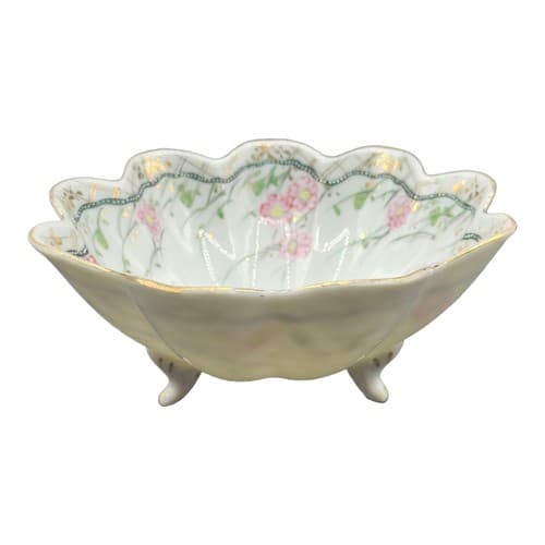 Vintage Japanese 3 Footed Bowl Scalloped White Translucent Pink Handpainted - Image 1