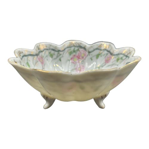 Vintage Japanese 3 Footed Bowl Scalloped White Translucent Pink Handpainted - Thumbnail 3